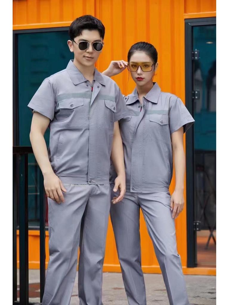 Summer Lightweight Polyester Cotton Reflective Workwear Set - Long Sleeve Protective Clothing for Construction and Workshop Use.