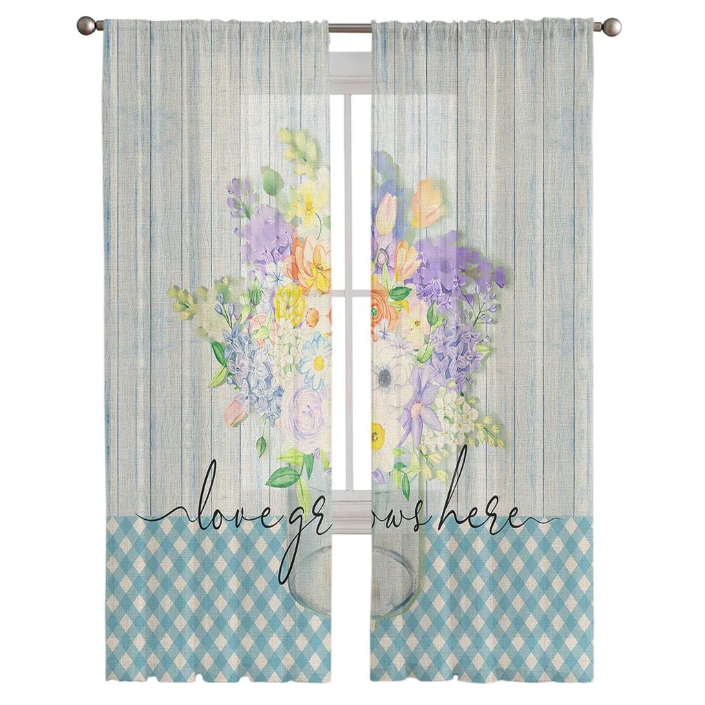 Cortinas Voil Xadrez Floral de Primavera em Aquarela para Sala de Estar Quarto Quarto Infantil Tratamento de Janela em Tule Cortinas
