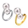 Double Pearl Wrap Ring For Women, Open Cuff Ring Stainless Steel, Statement Jewekry