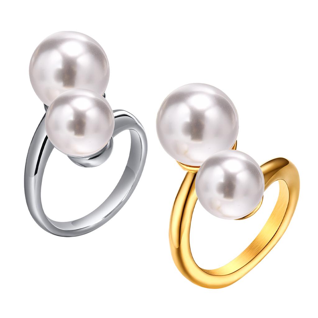 Double Pearl Wrap Ring For Women, Open Cuff Ring Stainless Steel, Statement Jewekry
