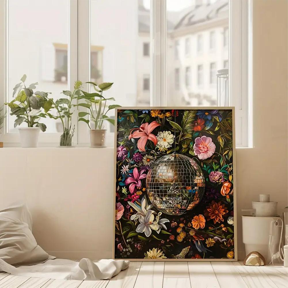 1PC Interior Disco Ball Flowers Posters and Prints Canvas Painting Vintage Mirror Ball Pictures for Bedroom Kitchen Home Decor