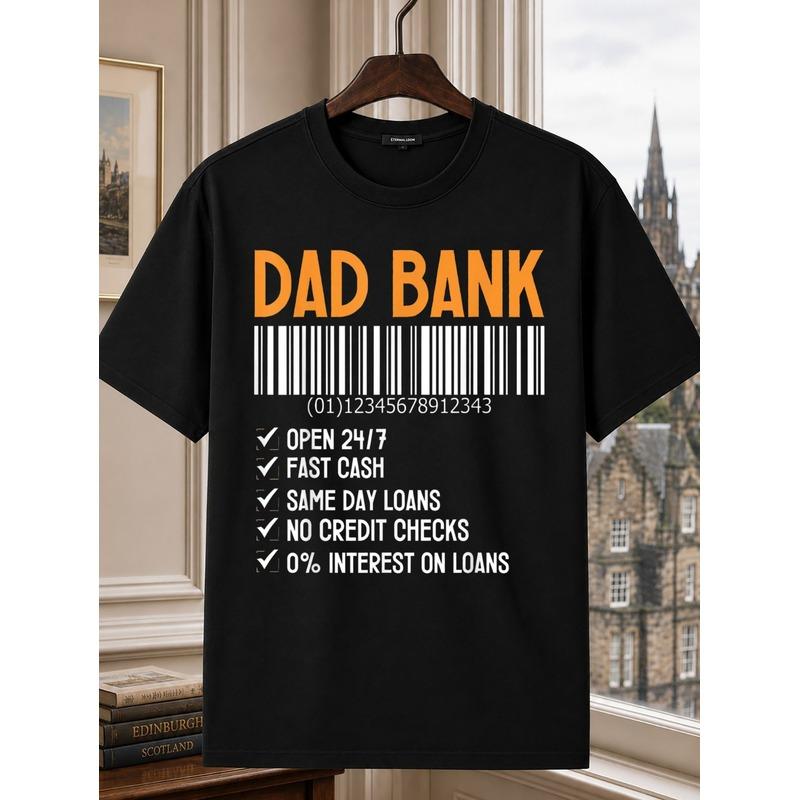 Men'S Shirt Dad Bank T-Shirt Barcode Cash Loan Checklist Graphic with Funny Father Money Service Quote with Bold Retro Graphic Style