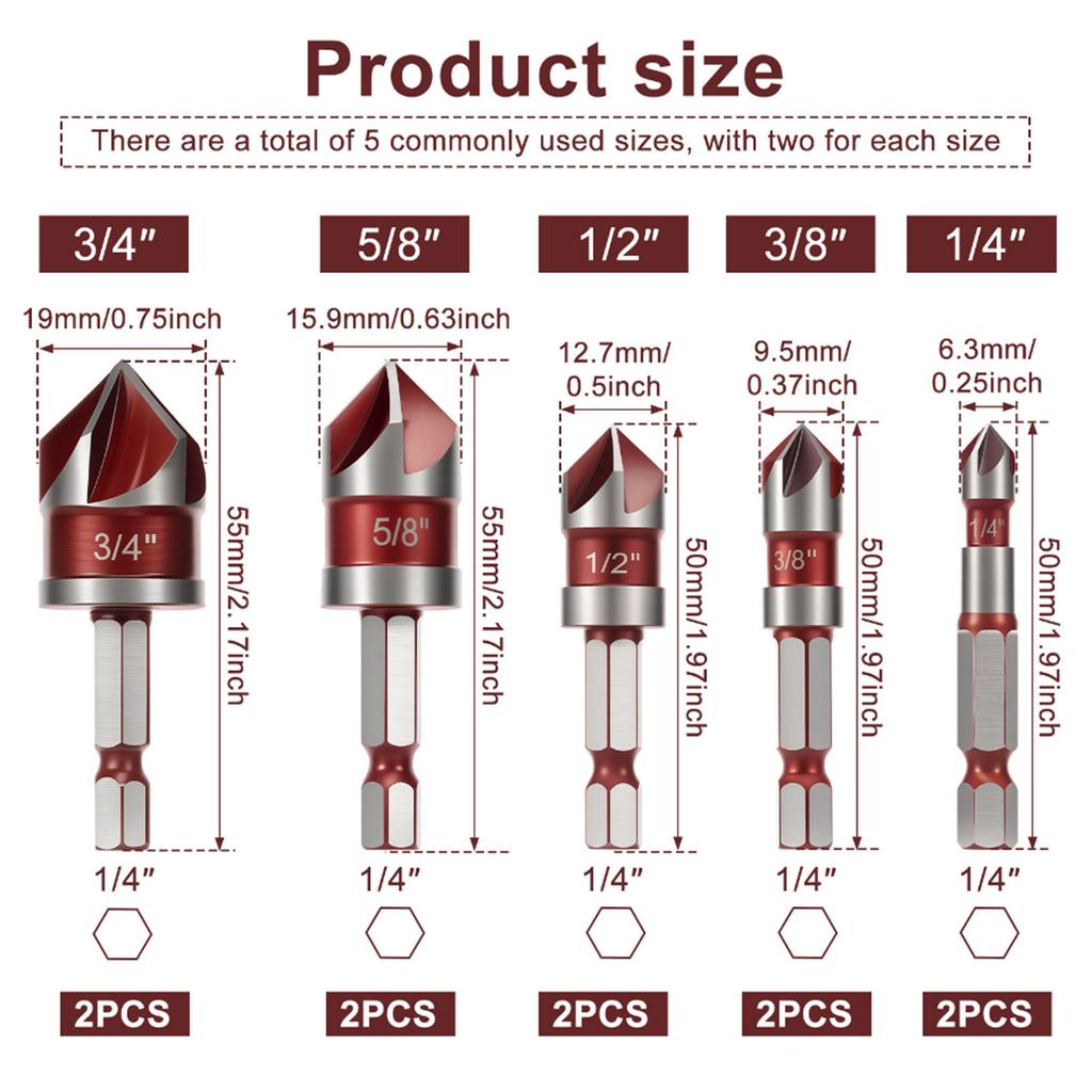 5/10 STÜCKE Sechskantschaft Titanbeschichtet Fünfschneiden Anfasmesser Senkbohrer 6-19mm Holzbearbeitung Punktansenker Werkzeugset