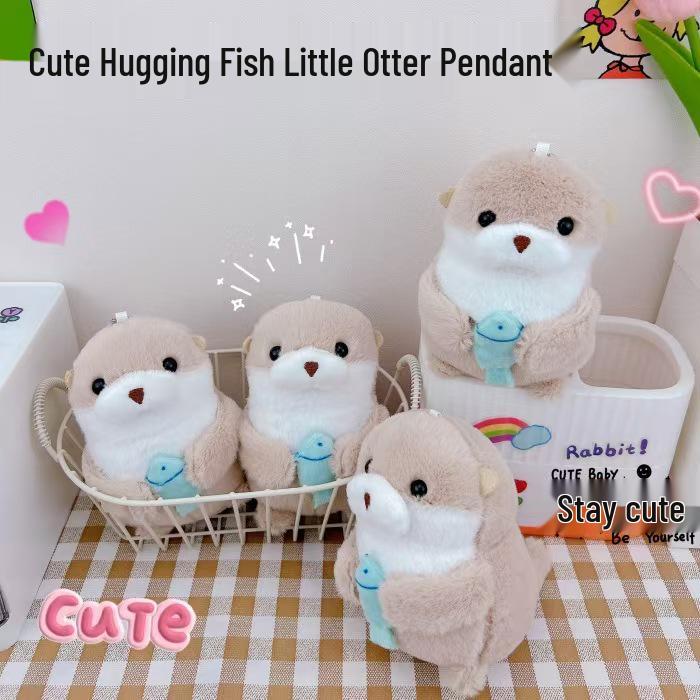 Adorable Sea Otter Plush Keychain Charm with Fish Pendant 12 cm