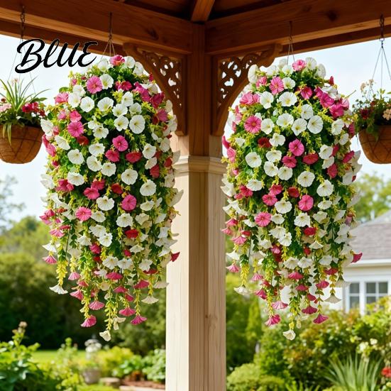Wedding Artificial Flowers for Outdoor Fake Hanging Morning Glory with Eucalyptus Leaves UV Flower Bouquet Resistant Faux Plants Petunias