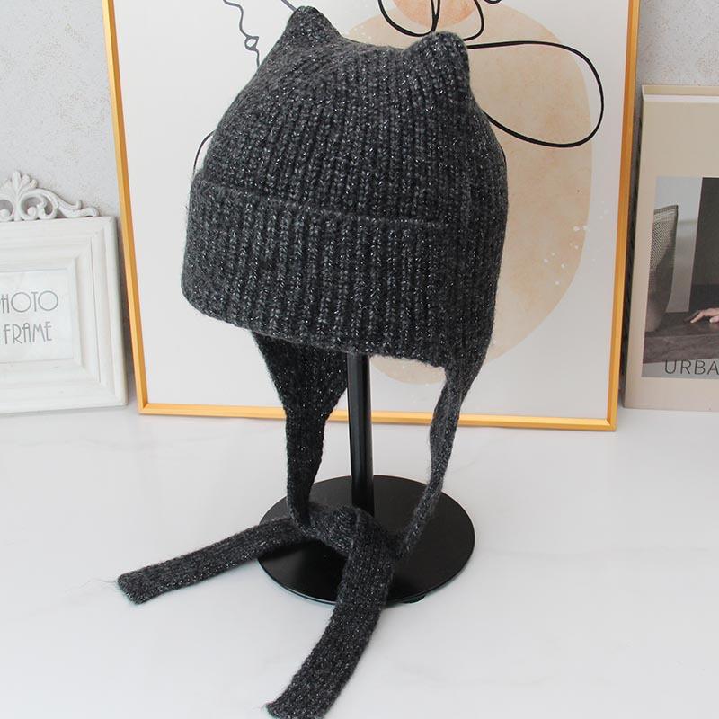 Cute cat ear knitted ear protection hat women's autumn and winter lace-up wool hat soft waxy warm cold hat versatile headhat