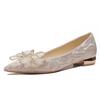 210-1 Flat Single Shoes Women's 2025 New Pointed Crystal Wedding Shoes Rhinestone Bow Thick Heel Shallow Mouth Bridesmaid Shoes