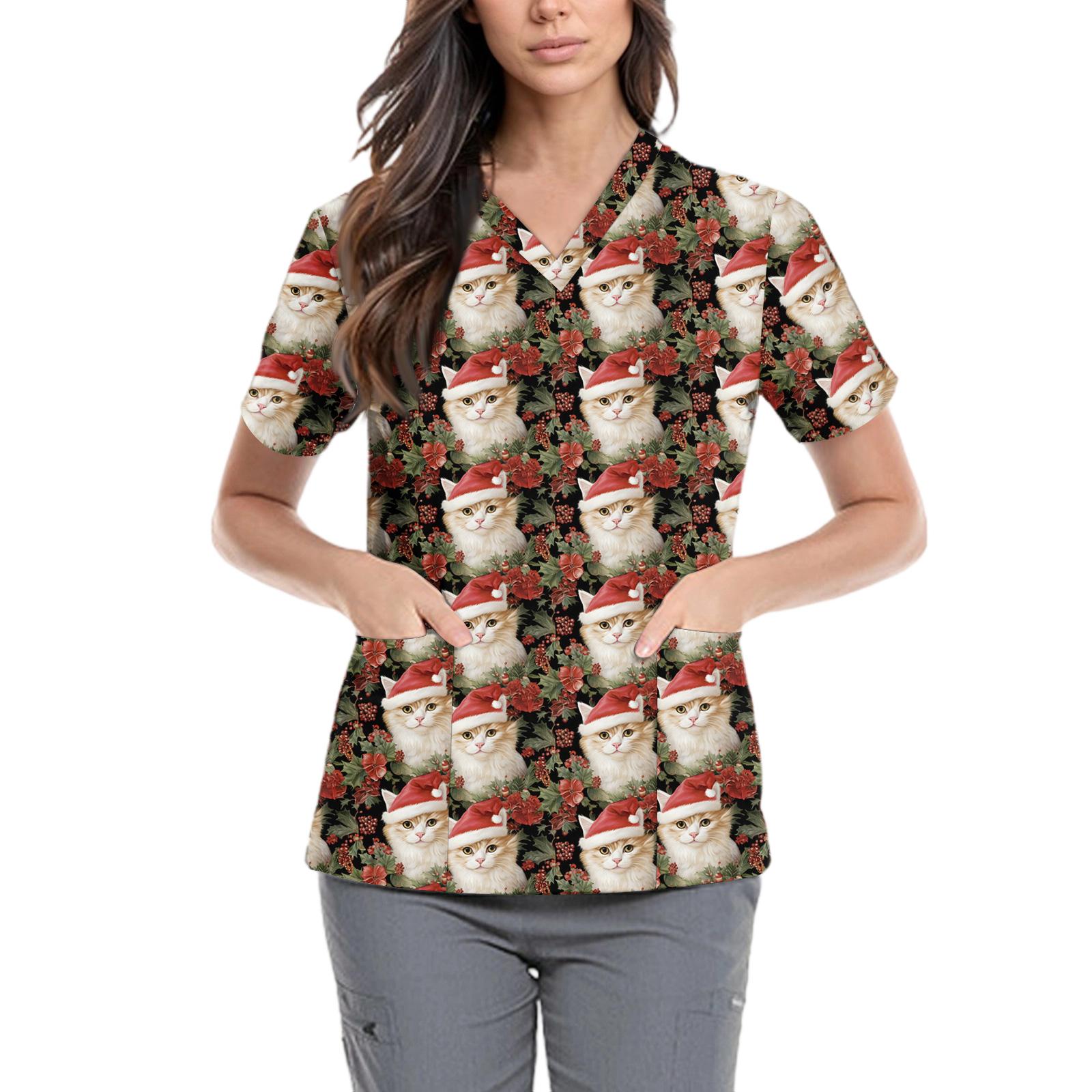 

Women s Cute Bow Printed Work Clothes V-neck Double Layer Pockets Basic Short Sleeve Top Pullover L