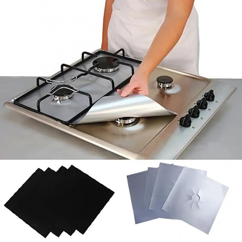 Square Reusable Protector 4 Pcs Foil Gas Hob Liner Easy Clean Pad