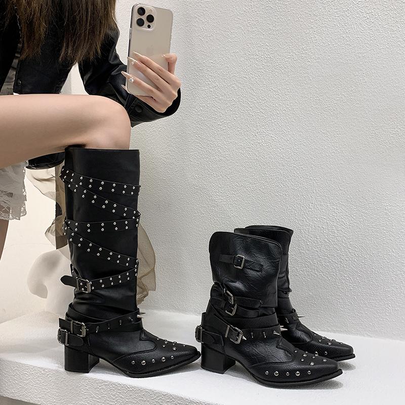 Fashion Designer Vintage Rivet Women Western Cowgirl Boots Fashion Autumn Winter Ladies Elegant Knight Long Booties