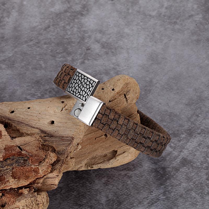 REPTILE LEATHER BRACELET stainless steel reptile design bracelet with dark brown woven genuine italian leather