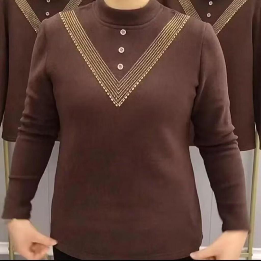 Double-Sided Threaded Velvet Rhinestone Slimming Semi-High Neck Top - Autumn/Winter Warm Base Layer
