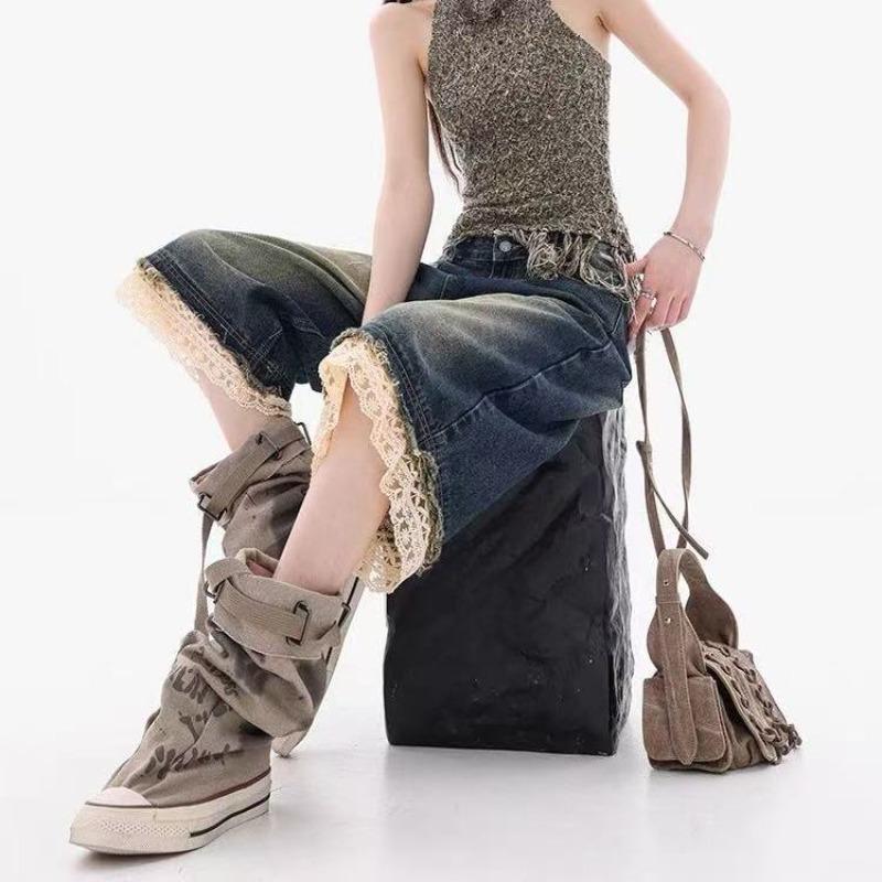 Trendy American Washed Retro Sexy Lace Patchwork Jeans Summer Y2k Oversized High Street Spicy Girl Loose Wide Leg Cropped Pants XS