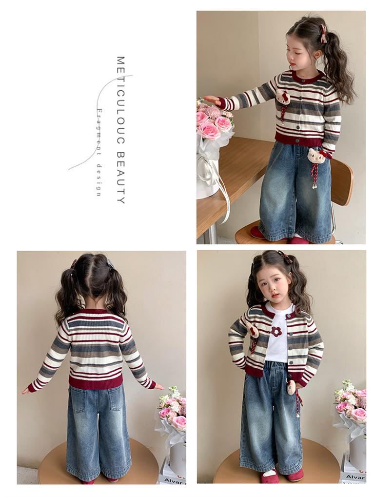 Girls' Korean Striped Cardigan & Baby Jeans Autumn Set 2025