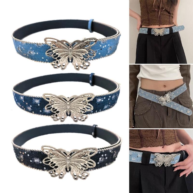 Distressed Butterfly Buckle Belt for Adult Fashion Bead Trim Sequined Waistband Jeans Belt Teens Girl Waist Accessories