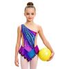 Maillot de ballet pour enfant à manches courtes, bloc de couleurs, strass, body en maille avec fermeture à pression à l'entrejambe pour gymnastique rythmique, spectacle sur scène