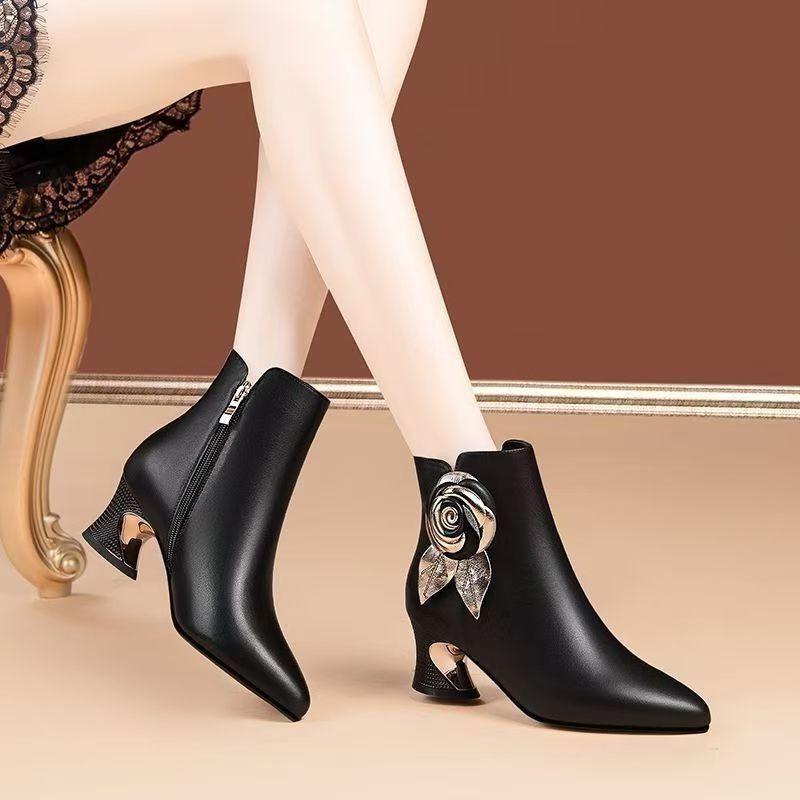 Elegant Heeled Leather Booties Autumn Winter Flowers Woman Short Shoes Black Chic Trend Pu Luxury Ankle Boots For Women