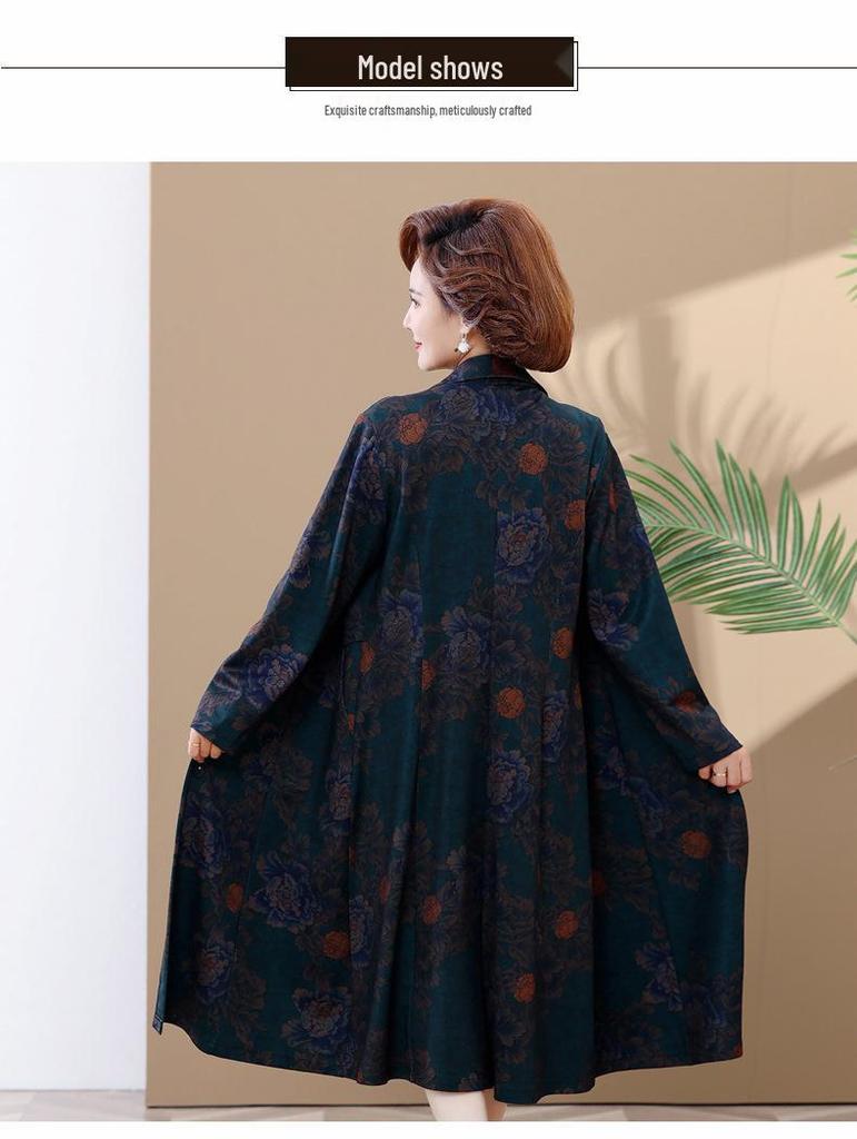Elegant Autumn Trench Coat Dress Set for Mature Women: Long-Sleeved, Over-the-Knee Two-Piece with Stylish Design