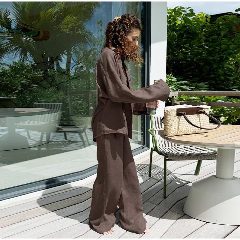 Women Casual Solid Color Cotton Linen Shirt Pants Suits Fashion Single Breasted Blouses Elastic Waist Pants Set Spring Loose Outfits