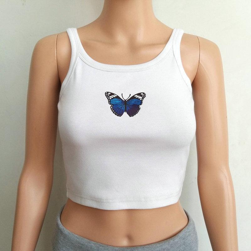 

Summer Vest Tank Pure Color Halter Crop Tops Casual Sexy Butterfly Embroidered Short Slim Sleeveless White Tops LS S синий