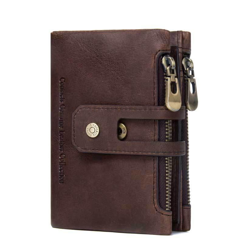 Black Angel Men s Genuine Leather Double Zipper Buckle Wallet with Money Clip кофейный