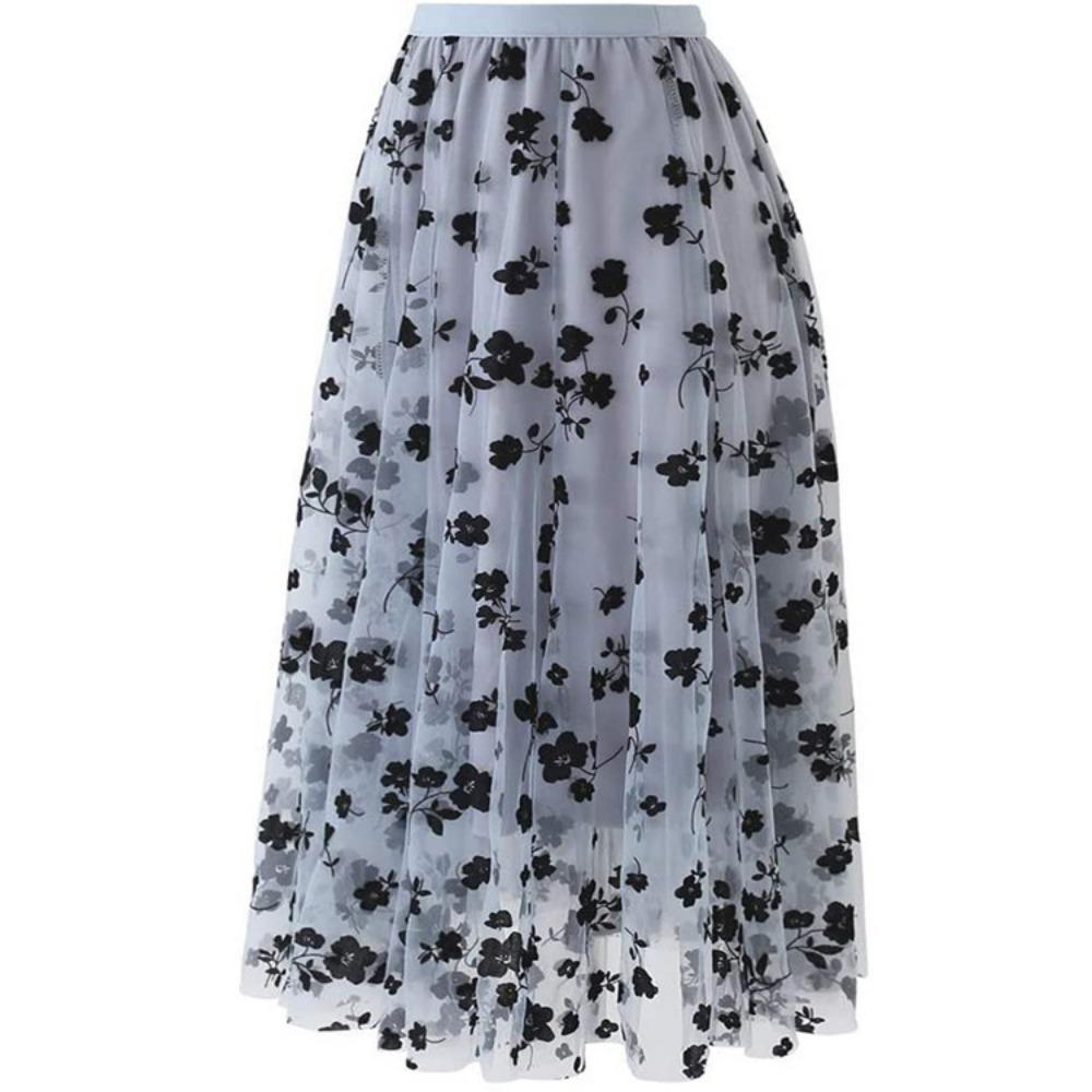 

Жіноча А-силуетна спідниця міді з високою талією, що облягає, з великим воланом з сітки для жінок XXL сірий