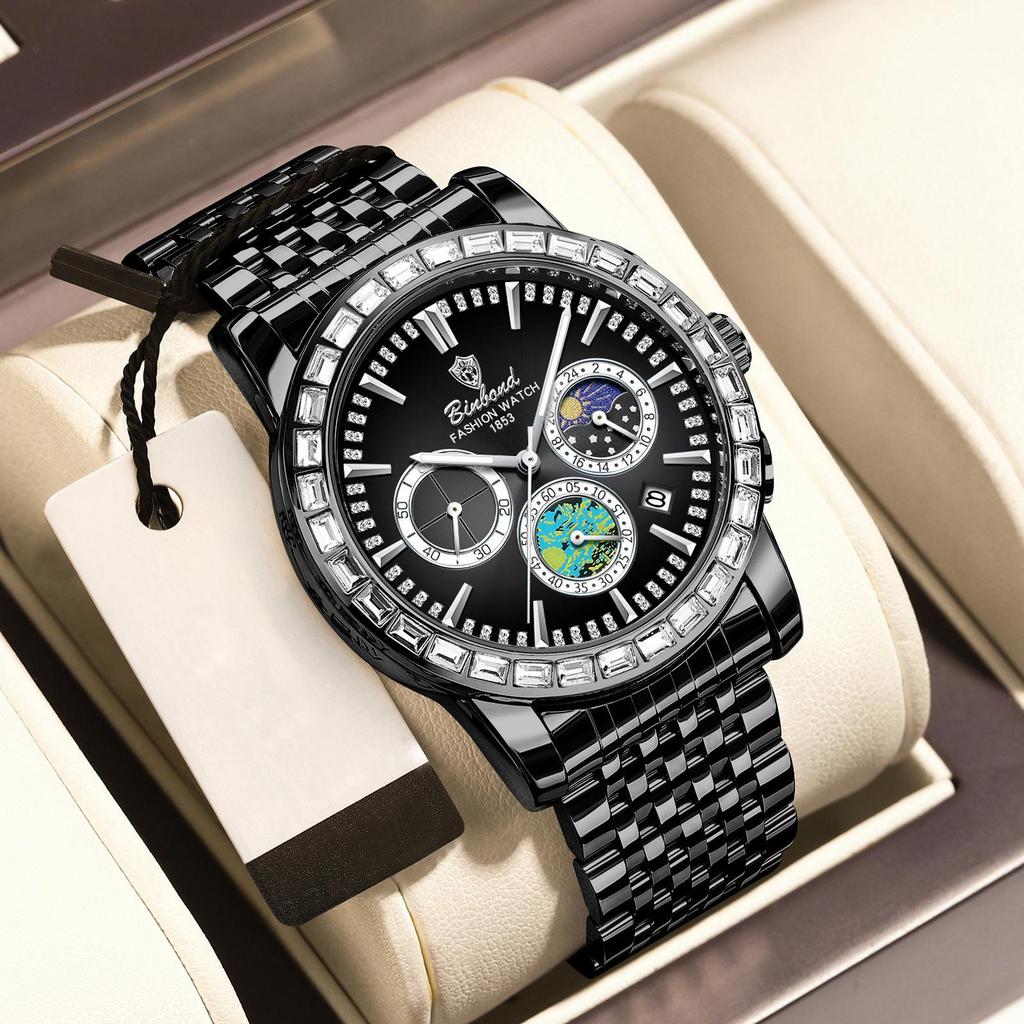 Binbang Men's Quartz Luminous Stainless Steel Multifunctional Waterproof Watch