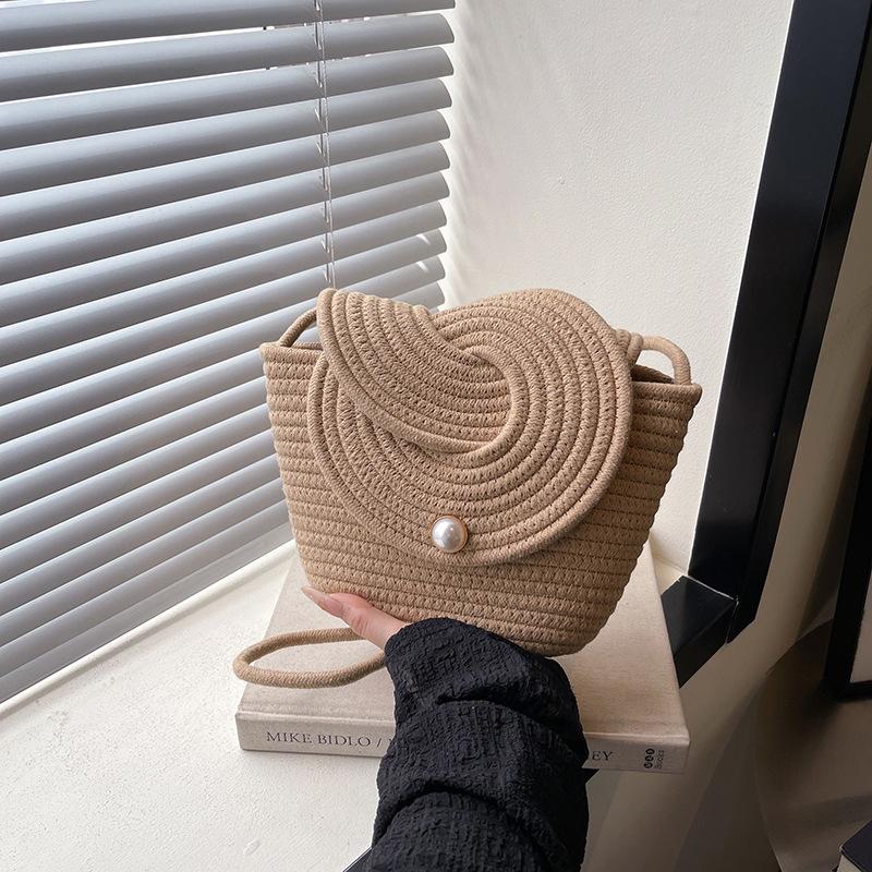 Small Fresh Pearl Flip Small Bag Crossbody Cotton Rope Woven Bag Casual Shoulder Straw Bag Mini Beach Bag Women's Bag