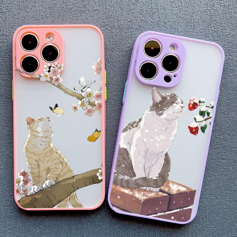 Lovely Cats Flower Case For iPhone 16 15 14 Plus Pro Max 13 12 11 Pro Max Mini 7 8 Plus X XR XS SE2 Phone Cases Shockproof Cover