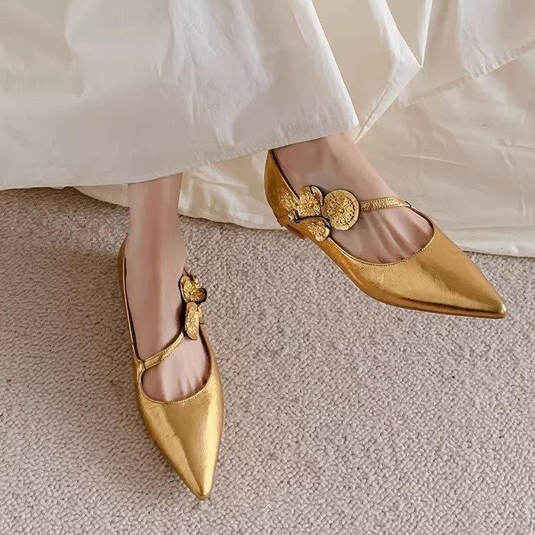 2024 Women's Flats Gold Pointed Toe Ballet Flats Flower Mary Janes Shoes for Female New Designer Singler Shoes Spring Summer