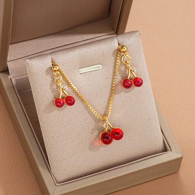 3PCS Exquisite Red Cherry Pendant Jewelry Sets For Women Fashion Crystal Necklaces Stud Earrings Party Birthday Gifts