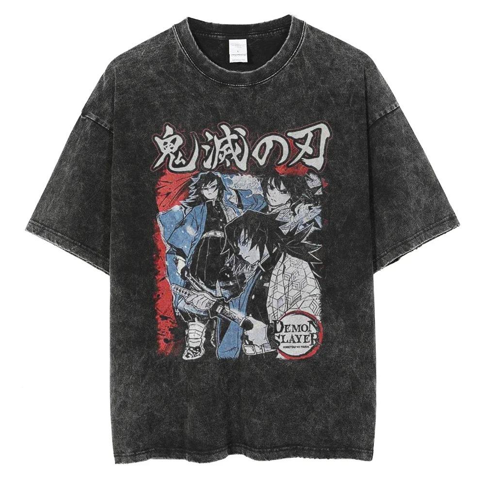 

Oversized Acid-Wash Vintage Short-Sleeve T-Shirt Featuring Demon Slayer: Kimetsu no Yaiba Kokushibo Dark Battle Graphic Print XXXL