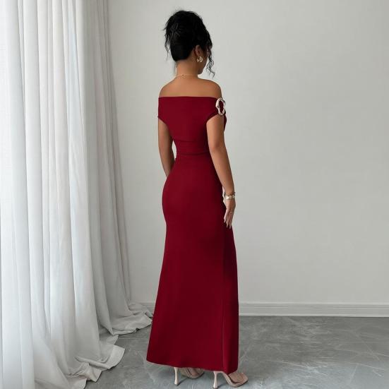 Off The Shoulder Maxi Dress for Women Ruched Fishtail Sexy Bodycon Long Dress with Metal Accent Wedding Guest Party Evening Gown