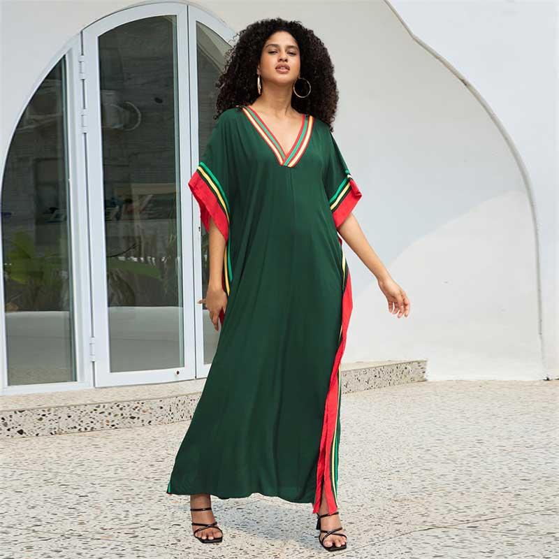EDOLYNSA Dark Green Printed Relaxed Kaftan Women's Robe Kaftan Outfit Vacation Boho Swimsuit Cover-up Caftan Homewear House Dress Q1615