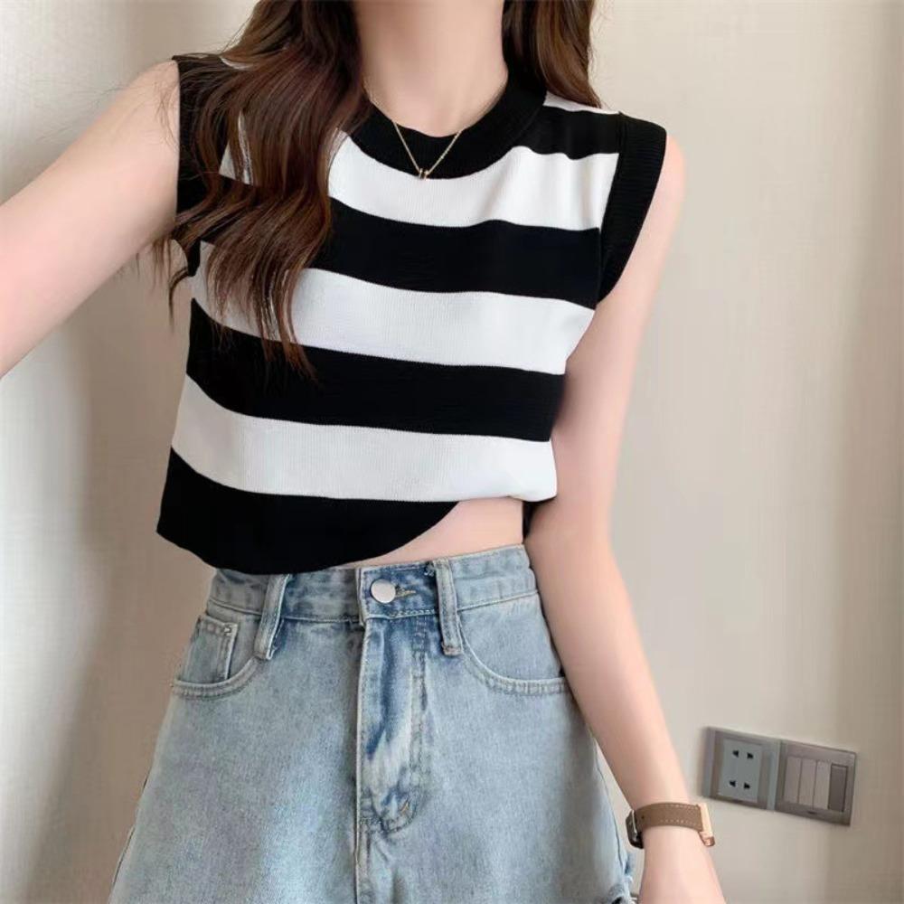 Sleeveless Contrasting Striped Knit Vest Knitted Sleeveless Waistcoat Knitted Waistcoat  Women