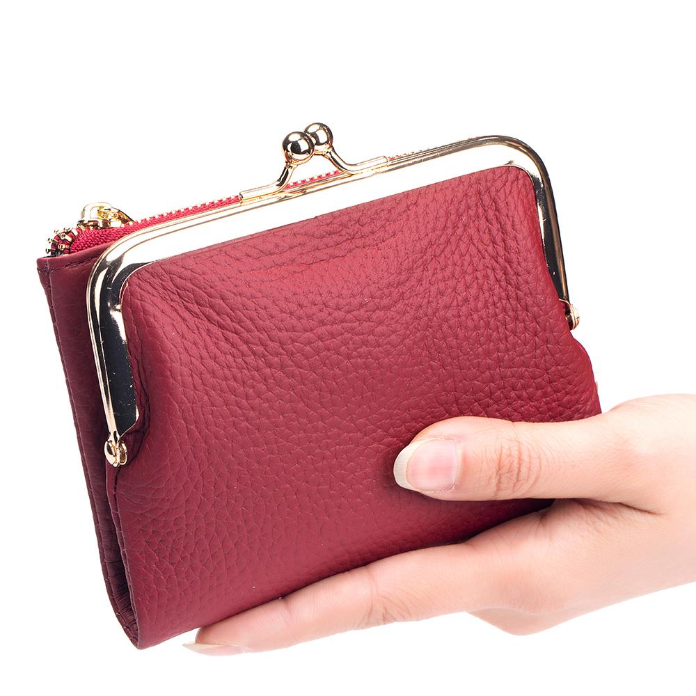 Womens Kiss Lock Wallet Small Genuine Leather Kiss Clasp Coin Purse Card Holder Bifold Clutch Wallet for Women with Metal Frame