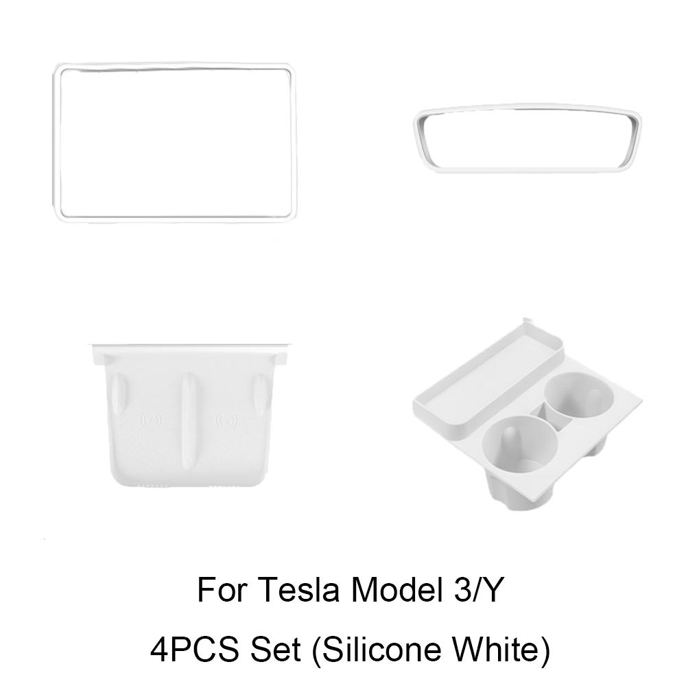 For Tesla Model 3/Y - Screen Silicone Protective Frame Wireless Charging Non-Slip Pad Card Limiter Silicone Cup Holder