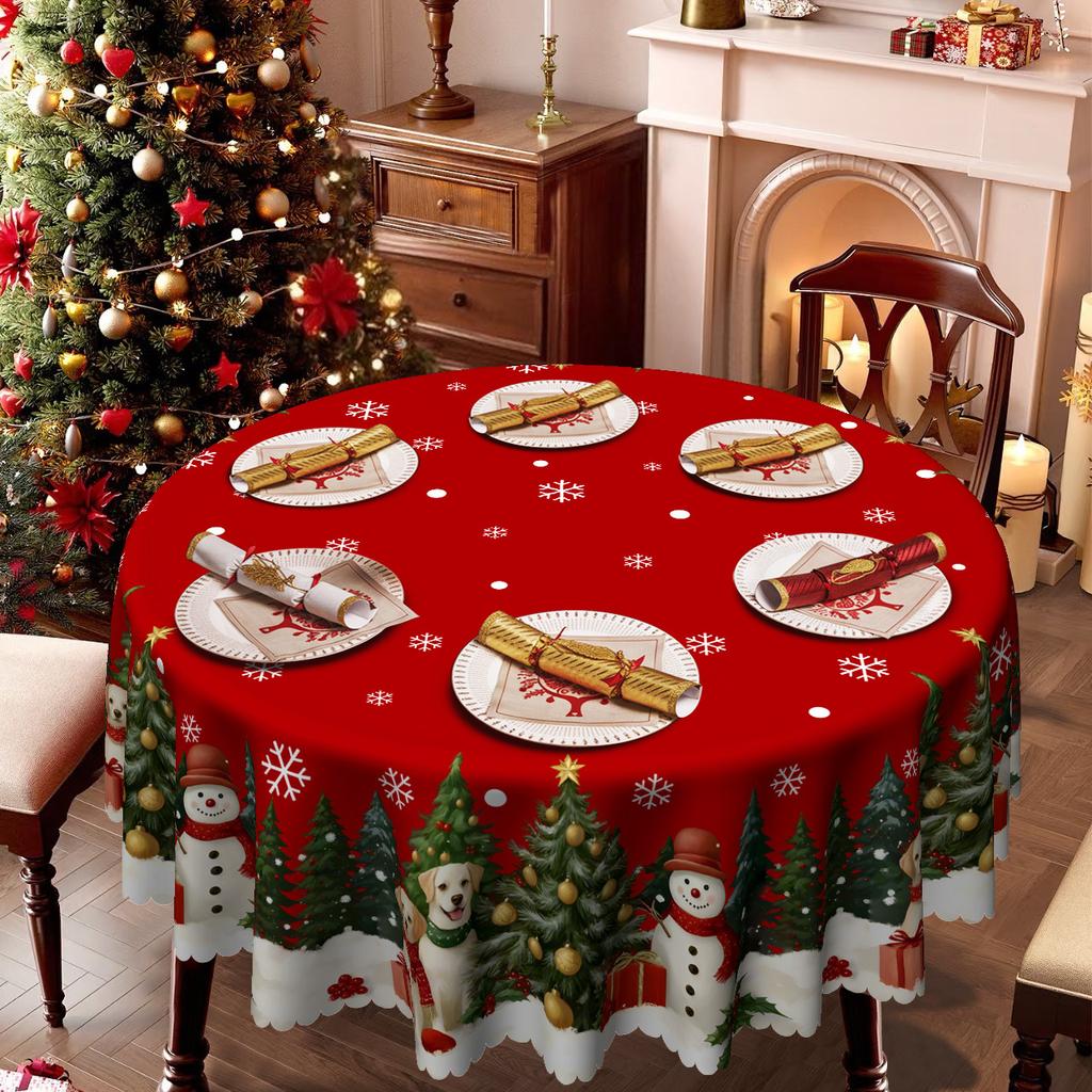Christmas Cute Pet Snowman Round Tablecloth, Family Party Table Decorative Cloth, Warm Winter Atmosphere Layout