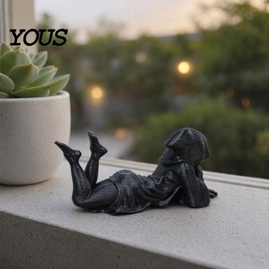 Literary Art Gift Hooded Laying Lady Reaper Figurine, 3D Printed Gothic Dark Fantasy Sculpture, Niche Collectible Black Robed Women Statue