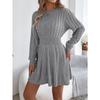Casual Solid Color Twisted Waist Lantern Long Sleeve A Line Womens Sweater Dress