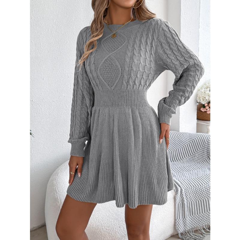Casual Solid Color Twisted Waist Lantern Long Sleeve A Line Womens Sweater Dress