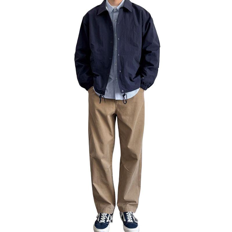 Men's Japanese Retro Loose-Fit Coach Jacket - Turn-Down Collar, Versatile Solid Color, Simple Spring/Autumn Workwear, Trendy Uniform Style.