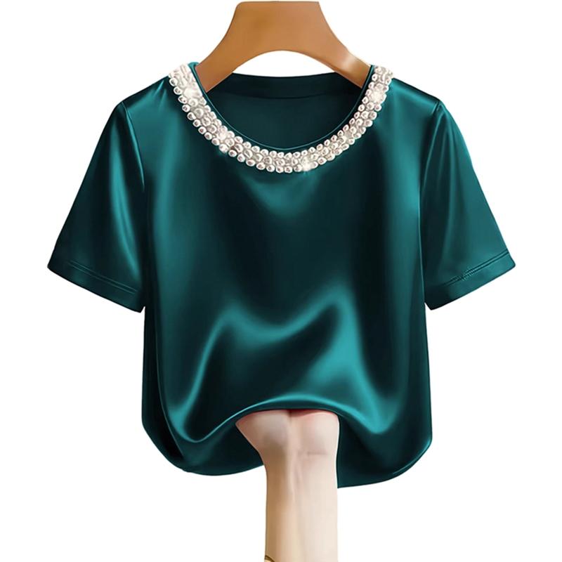 

Women Pearl Crew Neck Satin Short-sleeved Shirt Top XL