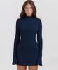 Women Elegant Dark Blue Mini Dress Autumn Pocket Long Sleeve Bodycon Dresses Lady Chic Party Club Robe