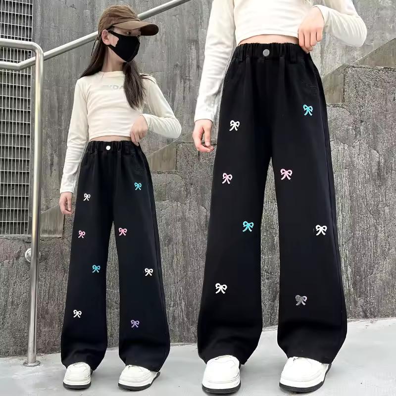 

Girls Jeans Spring Autumn Korean Casual Bow Embroidery Denim Pants Elastic Waist Trousers for Girl Clothes 120