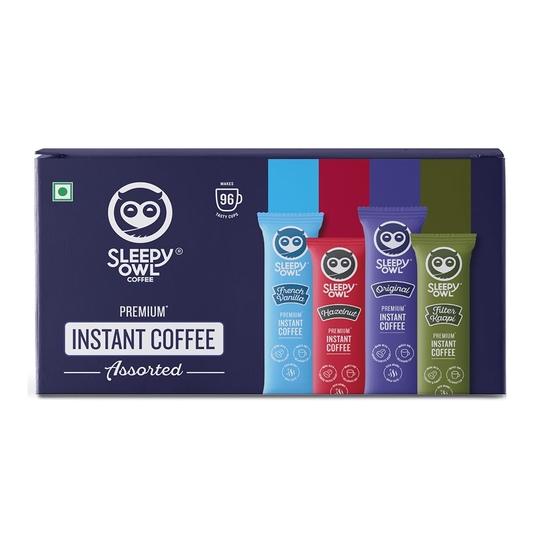 

Sleepy Owl Pack Of 96 Assorted Flavour Instant Coffee Powder Sachets, 192G Freeze Dried Coffee Powder 24 Sachet Each-Original