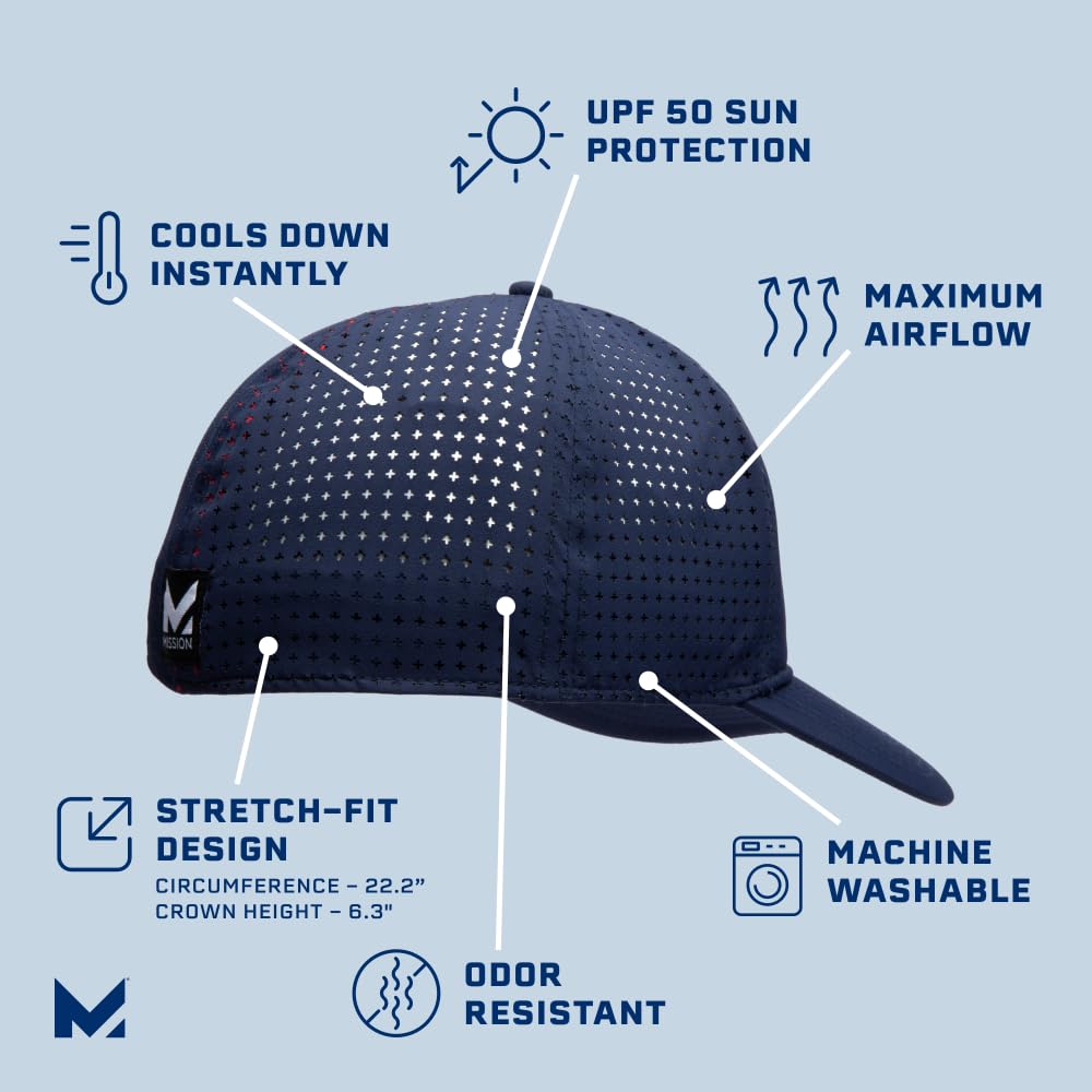 MISSION Flex Varsity Unisex Fit for Men and Running Golf UV Odor Up to 2 Hours of Heatstroke Walking Sizes Hat, Women, Cap, Cap, Sweat-Wicking,