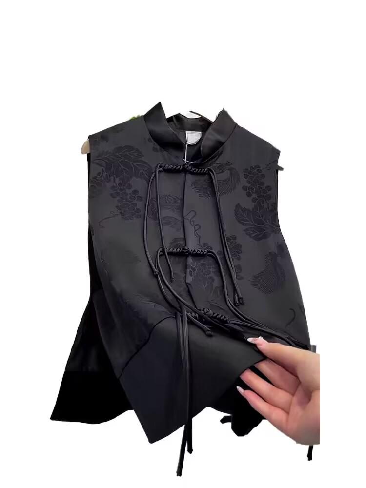 Damen Retro Satin Print Tang Anzug Weste mit Quasten