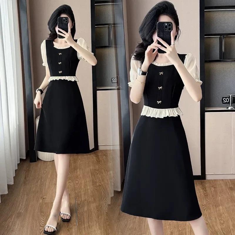 Temperament fake two-piece splicing skirt women s summer large size fat French ruffle leaf edge thin waist dress M чёрный