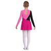 Girls Contrast Color Rhinestone Long Sleeve Dress Hollow Back Design Skating Dance Performance Gown